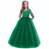 IBTOM CASTLE Mädchen Spitze Tüll Prinzessin Prom Ballkleid Formale Partei Kleider für Hochzeit Brautjungfer Blumenmädchen Geburtstag Fasching Cocktail Dance Cocktailkleid Elegant Grün 7-8 Jahre
