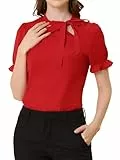 Allegra K Damen Sommer Elegant Bluse 50er Jahre Schleife Schluppenbluse Festlich Oberteil Kurzarm Panel Fliege Hals Rüschen Shirt Rot L