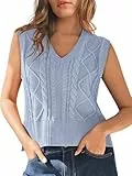Tongmingyun Pullunder Damen Ärmellos V-Ausschnitt Strick Pullover Basic Strickweste Einfarbig Tank Top für Business Freizeit Sweater Weste Frauen Blau XL