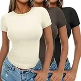 Ekouaer Damen 3 Pack T-Shirts Rundhlas Unterhemd Kurzarm Oberteil Slim Fit Basic Crop Tops, Schwarz + Beige + Braun, S
