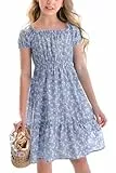Haloumoning Mädchen Kleider Eckiger Ausschnitt Blumenkleid Kleider Sommer Puffärmel A-Linie Midikleid Kinder Partykleid,Blau,11-12 Jahre