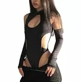 ROSVAJFY Body Damen Langarm Sexy Dessous Cut Out Bodysuit Stretchy Mesh Top Oberteil Jumpsuit Y2k Gothic Party Club Festival Rave Outfit Techwear Streetwear Hollow Bodys Schwarz