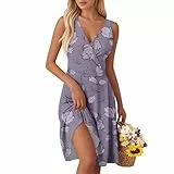 Damenkleider elegant Sommerkleid Ärmellos Freizeit Kleider Blumenkleid mit V-Ausschnitt Casual Strandkleid Kleid Lose A-Linie Kleider Elegant Freizeitkleid für Strand Urlaub C Purple XL