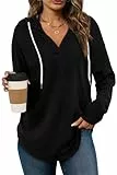 Cuptacc Hoodie Damen Mit Kapuze Sweatshirt Damen Oversized V Ausschnitt Pulli Elegant T-Shirt Schwarz 2XL 50-52