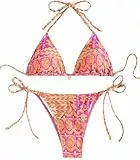 Ocean Plus Damen V-Ausschnitt Geblümt Triangel Bikini-Set mit Bügel Spaghetti Bademode Bandeau Slips mit Tunnelzug (S (EU 32-34), Rosenrotes Muster)
