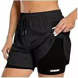 Generisch Jogginghose Damen Damen Sport Shorts Sommer 2 in 1 Kurze Hosen Schnelltrocknende Laufshorts Yoga Fitness Jogging Training Beiläufige Elastisch Sporthose Schwarz S
