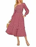 Kate Kasin Damen Freizeit Rundhalsausschnitt Elastische Hohetaille Laternenärmel Blumenkleid Rot L