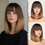 FESHFEN Kurze Bob Perücken mit Pony für Damen Mittellange Synthetik Perücken Gerade Haar Perücken für Frauen 35 cm Schwarzen Ansatz bis Zum Braunen Blond