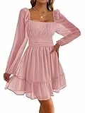 Imily Bela Damen Kleider Square Neck Partykleid Mesh Minikleid High Waist Falten Langarmkleid Hochzeitsgast mit Rüschen(Rosa, S)