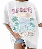 TOMEEK Damen T-Shirt Kurzarm Rundhals Oversized Tshirt Sommer Baumwolle Locker Basic T-Shirt Für Damen Vintage Strand Bedruckte Schulter Top Casual Frauen Shirt(Weiß,XL)