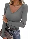 Totatuit Damen Langarmshirt V Ausschnitt Tops Slim Fit Gerippt Pullover Stretch Baumwolle Sexy Oberteile Casual Dunkelgrau S