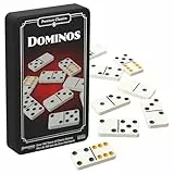 Goliath Domino, Klassisches Brettspiel für Erwachsene und Kinder ab 5 Jahren, Reiseversion mit Metallbox mit 28 hochwertigen Dominosteinen mit farbigen Punkten für 1-5 Spieler