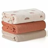 Peepeemax Baby Pucktuch für Neugeborene, Große Musselin Tuch 100x100cm, Weich Atmungsaktiv Baumwolle Musselin Decke Swaddle Blanket für Junge und Mädchen, 3 Stück, Regenbogen
