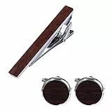 JewelryWe Holz Krawattenklammer und Manschettenknöpfe für Herren: 3 Stück Braun Holz-Metall Krawattennadel Cufflinks Set Business Hochzeit Anzug Accessoires Geschenk für Vater Ehemann Freund