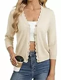 GRACE KARIN Leichte Strickjacke Damen Sommer, V-Ausschnitt 3/4 Ärmel Strickjacke Damen Elegant, Freizeit Strand Bolero Cardigan Beige M