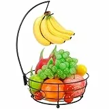 Livabber Arbeitsplatte Obstkorb Schüssel mit Bananenaufhänger, moderne stehende Obst-Gemüseschale Aufbewahrung, mit Bananenbaumhalter für Küche Esstisch (rundes Metall, schwarz)