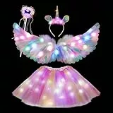 23GUANYI Einhorn Kostüm Kinder, Halloween Kostüm Kinder mit Federflügel Einhorn Haarreif Zauberstab Tutu Tüllrock für Halloween Cosplay Party, Einhorn Geschenke für Mädchen (Mehrfarbig)