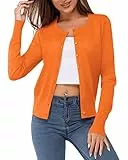 VOTEPRETTY Strickjacke Damen Leichte Cardigan Kurz Rundhals Strickjacken Langarm Strickmantel mit Knöpfe Orange