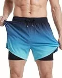 maamgic Herren Badehose mit Kompression Badeshorts 2 in 1|14cm Innenlänge Schnelltrocknend lässige Swim Shorts Kurz Boardshorts mit Innenhose Reißverschlusstasche XS-XXL,07 Farbverlauf Eisblau,L