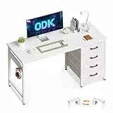 ODK Schreibtisch mit 4 Schubladen, 120×48×75.7cm Computertisch mit Kopfhörer Halter, PC Tisch Reversibler Bürotisch Holz für Heimbüro, Weiß