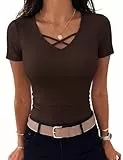 Aottori Tshirt Damen Sommer V-Ausschnitt Oberteile Elegant Kurzarm T-Shirt Gerippt Engere Passform Basic Einfarbig Casual Top Braun M