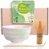 Goodwei Matcha Set mit Matcha Besen, Matcha Schale aus Keramik und BIO Matcha Tee aus Japan | Geschenkset (Shiro)