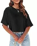 Tankaneo Damen Crop Tops Kurzarm T-Shirts Sommer Fitness Oversize Oberteile Crew Neck Bauchfrei Sportshirt