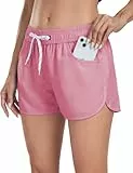 LYRIKER Badeshorts Damen Schnelltrocknend Frauen Badehose High Waist Schwimmhose mit Taschen Badebekleidung Baderock Swimming Shorts Pink M
