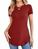 Florboom T Shirt Damen Rundhals Kurzarm Einfarbige Oberteile Tunika Top, Rot XXL