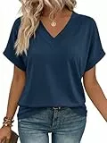 Cicy Bell T Shirt Damen Oversize Oberteile V-Ausschnitt Shirts Elegant Lockere Top Bluse. Dunkelblau XXL