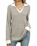 BAISHENGGT Damen Strickpullover Farbe Kontrast T Shirt Freizeit V Ausschnitt Langarm Gerippte Pulli Tee Tops Khaki L