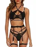 Kimlyf Strapsen Dessous Set für Damen Dessous Sexy Unterwäsche Reizwäsche Set mit Strapsen mit BH und Slip mit Spitze mit Choker Schwarz M