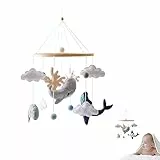 Promise Babe Mobile Baby Meerestiere mit Filzbällen, Babyzimmer Tier Delphine Wale Holz Gehäkelt Mobile Neugeborene Junge Mädchen Wolken Tiere Bettglocke Anhänger Babybett Kinderbett Wickeltisch Deko