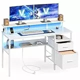 VASAGLE Schreibtisch mit Stoff-Schubladen, Computertisch mit Monitorständer, LED-Beleuchtung, 135 x 55 x 90 cm, eingebaute Steckdosen, 2 USB-A-Anschlüsse, für Homeoffice, ahornweiß LWD094W01
