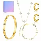 4 Stück Gold Schmuckset Damen, Goldkette Schmuck Set mit Gold Halskette, Armband, Ohrringen & Ohrstecker, ArmbandCubic Zirkonia Armreif, Verstellbares Armband Geschenke Geburtstags für Frauen