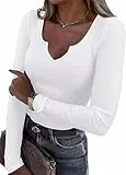 TrendiMax Damen Langarmshirt Gerippt Stretch Pullover Elegant Langarm Oberteile Hemd Tshirts V Ausschnitt Casual Bluse Basic Tops (M, Weiß)