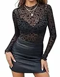 Zeagoo Damen Mesh T-Shirt Sexy Durchsichtige Netzoberteil Blumenmuster für Party und Clubwear Leopard Schwarz L