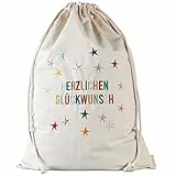 Papierdrachen 1 Geschenksäckchen zum Geburtstag - Regenbogen - aus Baumwolle - wunderschön und hochwertig bestickt - ideal zum Verpacken von Geschenken - Größe 50x70 cm mit Zugband