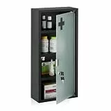 Relaxdays Medizinschrank, 4 Fächer, HxBxT: 57 x 27 x 12 cm, abschließbarer Medikamentenschrank, Stahl, Glastür, schwarz
