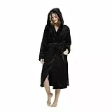 HEARTNICE Damen Fleece Bademantel mit Kapuze, weicher Plüsch Morgenmantel Bädemantel für Damen, flauschig süß Lange Hausmantel (Schwarz, L/XL)