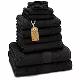 Green Mark Handtuch-Set mit 10 Teilen – 100% Baumwolle – 4 Handtücher 50×100 cm, 2 große Duschtücher 70×140 cm, 2 Gästetücher 30×50 cm und 2 Waschhandschuhe – Schwarz
