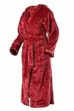 Di Ficchiano Unisex Herren Damen Bademantel mit Kapuze I Morgenmantel flauschig I Nachtwäsche aus edler Mikrofaser I Kimono Farbe: Shiny-Bordeaux, Gr. L