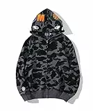 Yumenam Herren Shark Hoodie Hip Hop Kapuzenpullover Mit Reißverschluss Langarm Sweatshirt mit Haifisch Druck Shark Head Reißverschluss Camouflage Jacken Sweatjacke