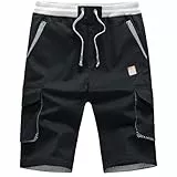 ZOXOZ Kurze Hosen Herren Shorts Sommer Freizeit Shorts Chino Kurze Hose Herren Baumwolle Multi-Taschen mit Tunnelzug Schwarz M