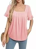 Missufe Damen Rüschen Kurzarm Plissee Sommer Freizeit Locker Tunika T-Shirt Oberteil Tops (Rosa, Groß)