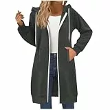 Generisch Lang Fleecejacke Damen Sweatjacke mit Kapuze Herbst Winter Hoodie Langarm Übergangsjacke mit Taschen Casual Kapuzenjacke Leichte Kapuzenpullover Jacke Mantel Winterjacke