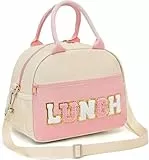 Lunchtasche für Damen, Preppy Lunchbox für Mädchen – Große isolierte Lunchtasche mit verstellbarem Schultergurt, wiederverwendbare Tragetasche mit Chenille-Buchstaben für Arbeit, Schule & Picknick