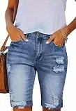 Sovoyontee Damen Bermuda Denim Shorts Gerissen Mid-High Taille Frayed Hose Notleidend Manschette Saum Jean Tiefblau S