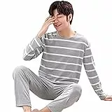 EGSDMNVSQ Schlafanzug Herren Lang Pyjama Set Zweiteiler Nachtwäsche Rundhals Langarm Oberteil und Hose Pyjamahose Prägnant Cacual Gemütlich Shirt