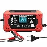 EAFCar 15A Autobatterie Ladegerät, 12V Smart vollautomatische KFZ Batterieladegerät mit Temperaturkompensation für Auto LKW Motorrad Rasenmäher Boot Marine Batterien(15A)